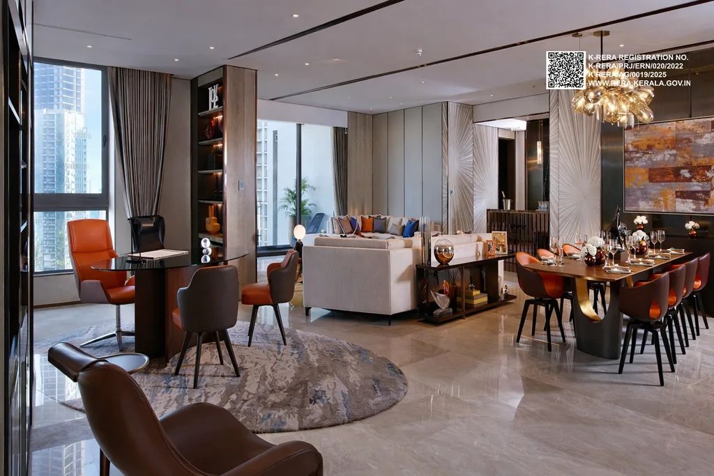 Living and dining interior at Provident Winworth, Edappally Kochi