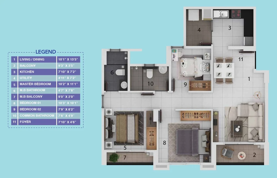 2.5 BHK unit floor plan — Provident Winworth, Edappally, Kochi